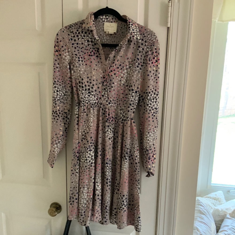 Kate Spade Taupe Soiree Dot Smocked Dress Size 0